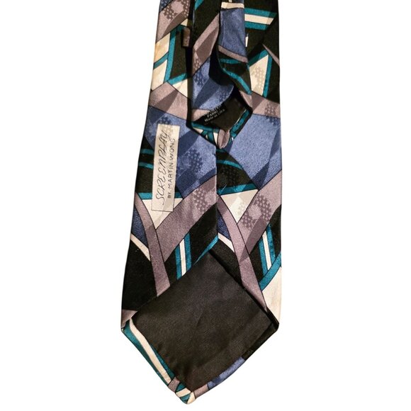 Vintage Necktie Screenplay Martin Wong Silk Geometric Abstract Blue Black Beige - Picture 7 of 8